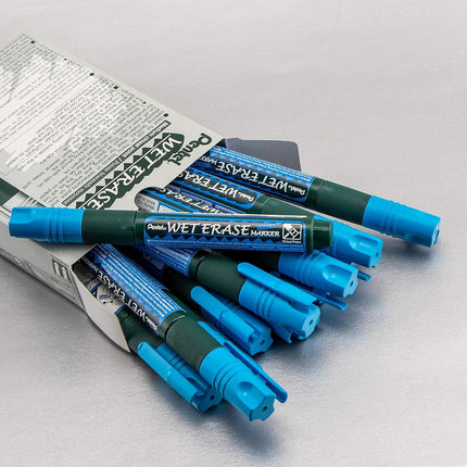 Pentel Arts Wet Erase Chalk Marker, Ideal on Blackboards and Windows, Small Chisel Tip, Blue Ink, SMW26-C, Box of 12