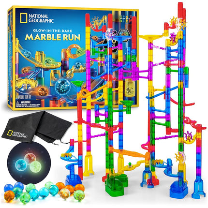 National Geographic Glowing Marble Run – 150 Piece Construction Set with 30 Glow in the Dark Glass Marbles, Mesh Storage Bag, Great Creative STEM Toy for Girls and Boys