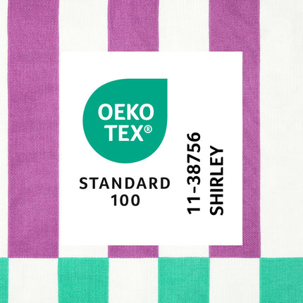 TOWN & COUNTRY PLAY Adeline Offset Stripe Cotton-Rich Breathable Fabric Shower Curtain with Anti-Rust Grommets, Purple/Green/Blue, 70"x72"