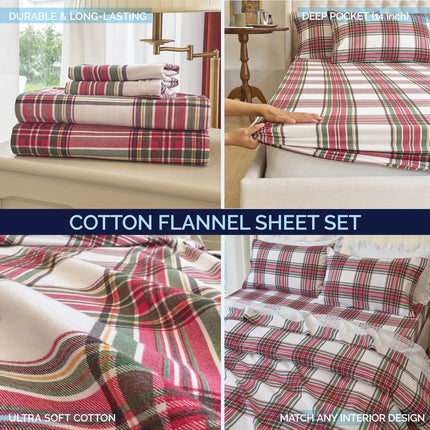Elegant Comfort Soft 4-Piece 100% Turkish Cotton Flannel Sheet Set - Premium Quality, Deep Pocket Fitted Sheet, Ultra Soft, Cozy Warm and Anti-Pill Flannel Sheets - Full, Plaid Ivory