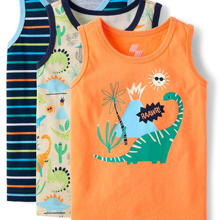 The Children's Place Baby Toddler Boys Sleeveless Tank Top, Dino Print 3-Pack, 18-24 Months