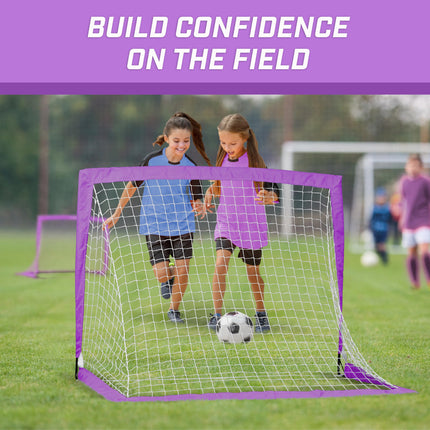 GoSports Team Tone 4 ft x 3 ft Portable Soccer Goals for Kids - Set of 2 Pop Up Nets for Backyard - Purple