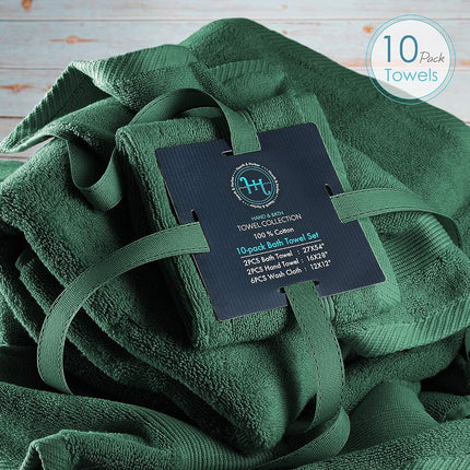 Hearth & Harbor 100% Ring Spun Cotton Bath Towels for bathroom - Luxury Bathroom Towels - Soft & Highly Absorbent Bath Towels Set, 10 Piece Set (2 Bath Towels, 2 Hand Towels, 6 Washcloths) - Green