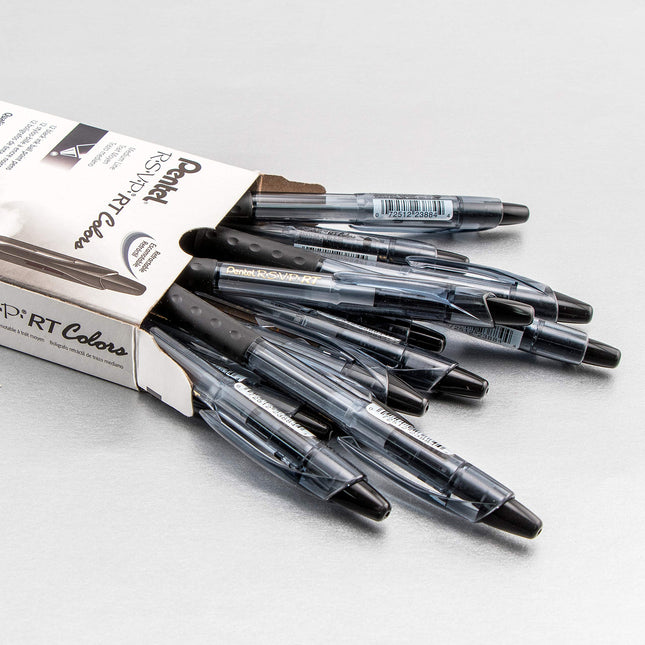 Stylo à bille rétractable RSVP RT COLORS, trait moyen, corps noir, encre noire, boîte de 12 (BK93CRA-A)