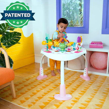 Bright Starts, Bounce Bounce Baby 2-in-1 Activity Center Jumper and Table - Playful Palms with 7 Interactive Toys, Adjustable Height, Storage Bag, 360° Rotation, Ages 6 Months +, Pink