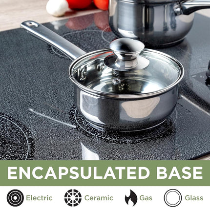 Ecolution Pure Intentions Saucepan – Features Tempered Glass Lid, Stay-Cool Knob and Handle, and Encapsulated Bottom – Oven Safe – Curbside Recyclable Stainless Steel – 1 Quart