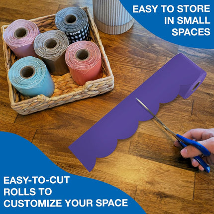 Carson Dellosa 65Ft of Purple Bulletin Board Borders, 1 Roll of Scalloped Trim for Rolling Whiteboard, Cork and Posterboard, Party, Office Decorations, and Classroom Decor