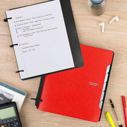 Cahier rechargeable Five Star Flex + application d'étude, papier ligné, classeur à anneaux TechLock de 3,8 cm avec poches, onglets et intercalaires, capacité de 300 feuilles, rouge feu (29324AB2)