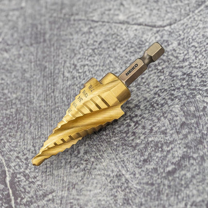 NEIKO 10180A Steel Spiral Quick-Change Step Drill Bit for Metal with 4-Flute Spiral Grooved Design, Nitride-Coated High-Speed Steel Multitool with 12 Sizes in 1 Step Bit, Unibit, Hole Drill Bit