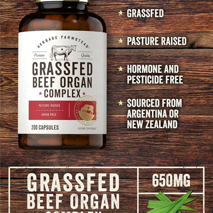Grassfed Beef Organs Capsules 3250mg | 200 Count | Desiccated Liver, Kidney, Pancreas, Heart, Spleen Supplement | Non-GMO, Gluten Free | by Herbage Farmstead