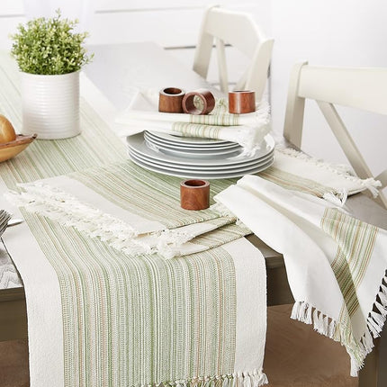 DII Fringed Stripe Tabletop, Table Runner, Cotton, Thyme, 14x72