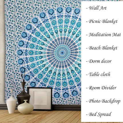 FURNISHFUL FINESSE Sky Blue Peacock Mandala Tapestry,228x272CM