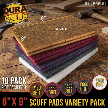 Dura-Gold Premium 6" x 9" 10 Scuff Pad Variety Pack, 2 Each Maroon, Gray, Gold, Purple and White - Scuffing, Scouring, Sanding, Cleaning, Blending, Paint Surface Prep Adhesion - Automotive Auto Body