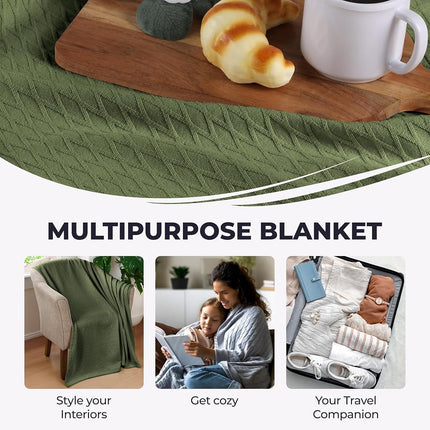 Superior Diamond Weave All-Season Cotton Blanket, Cover For Home, Couch, Bed, Soft, Warm Blankets, Boho Aesthetic, Comfy, Cozy, And Cute Covers, Decorative Bedding Essentials, Throw Size, Forest Green