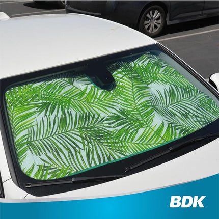 BDK Tropical Leaves Auto Windshield Sun Shade for Car SUV Truck - Balmy Fern - Double Bubble Foil Jumbo Folding Accordion - AS-768