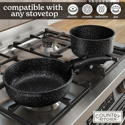 Country Kitchen 13 Piece Pots and Pans Set - Safe Nonstick Cookware Set Detachable Handle, Kitchen Cookware with Removable Handle, RV Cookware, Oven Safe (Black)