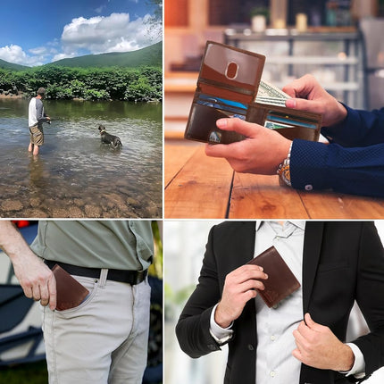 Billetera de Cuero Bifold para Hombre con RFID y Ventana para Identificación Desplegable en Marrón Búfalo Vintage, Marrón Grizzly Salvaje, Billetera Bifold