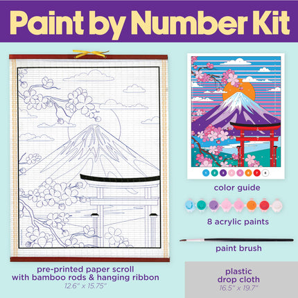 Faber-Castell Paper Scroll Painting Kit: Mount Fuji | Hanging Wall Art with Pre-Printed Design, Ready-to-Hang DIY Painting Craft for Kids, Teens & Adults (1 Scroll, 8 Paints,1 Brush)