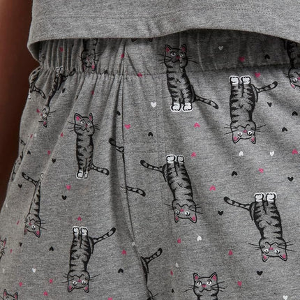 HUE Women's Printed Knit Capri Pajama Sleep Pant Pyjama Bottoms, Medium Grey Heather/Sweet Kitty, L