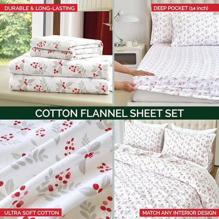 Elegant Comfort Ultra Soft 4-Piece 100% Turkish Cotton Flannel Sheet Set - Holiday Christmas Flannel Sheets, Warm and Cozy Premium Quality, Deep Pocket Fitted Sheet- Twin XL, Holly Flower