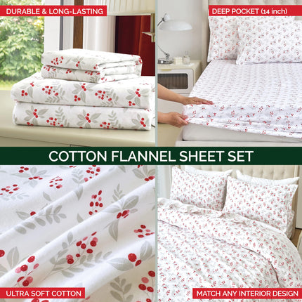 Elegant Comfort Ultra Soft 4-Piece 100% Turkish Cotton Flannel Sheet Set - Holiday Christmas Flannel Sheets, Warm and Cozy Premium Quality, Deep Pocket Fitted Sheet- Twin XL, Holly Flower