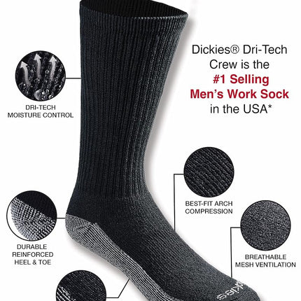 Calcetines de tripulación Dickies Dri-Tech de control de humedad multipack para hombre, negros (12 pares), grandes (paquete de 12)
