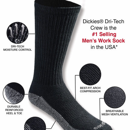 Dickies Men's Big & Tall Dri-tech Moisture Control Crew Socks Multipack, Black (12 Pairs), Shoe Size: 15-17
