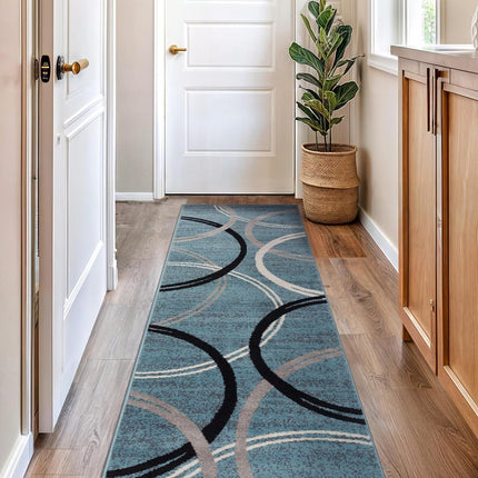 Tapis de Couloir Moderne à Motifs Vagues et Cercles par Rugshop, Tapis Anti-Chute pour Couloir, Cuisine ou Entrée, Bleu, 79 cm x 244 cm