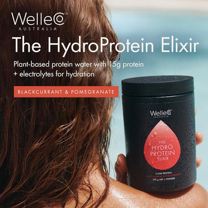WelleCo The HydroProtein Elixir Plant‑Based Protein Powder, Vegan, Gluten‑Free, Electrolytes Hydration Powder Supplement, Naturally Sweetened, Blackcurrant & Pomegranate Flavor, 270g