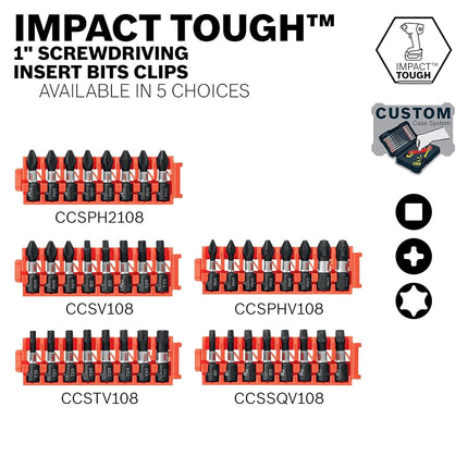 BOSCH CCSPHV108 8-Piece Assorted Set 1 in. Impact Tough Phillips Insert Bits with Clip for Custom Case System