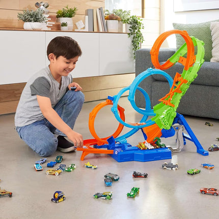 Hot Wheels Track Set with 4 Loops, 3-Way Crash Zone & Motorized Booster, Folds for Storage, With 1:64 Scale Toy Car, HXT06