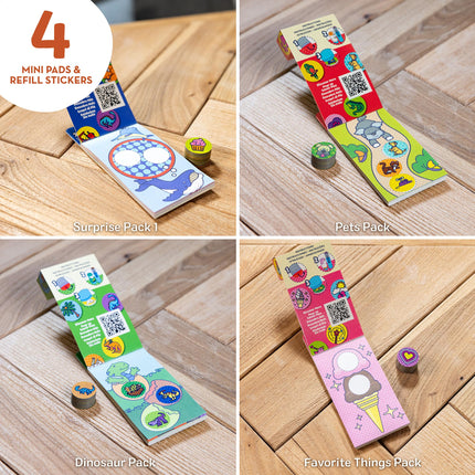 Melissa & Doug Sticker WOW! Mini bloc de actividades y pegatinas de recambio, paquete de 4: Dino, mascotas, cosas favoritas, paquete sorpresa, 200 pegatinas cada uno (800 en total) para cualquier aplicador de pegatinas (no incluido)