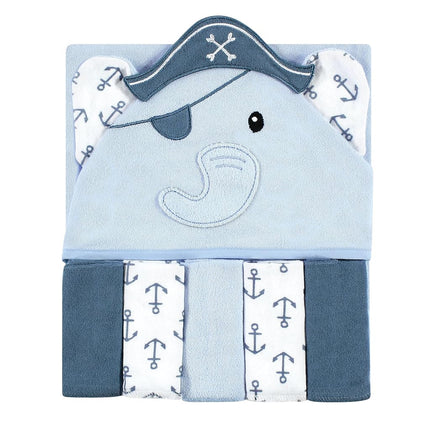 Hudson Baby Unisex Baby Hooded Towel and Five Washcloths, Pirate Elephant, One Size