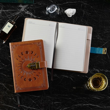 ZXHQ Lockable Diary for Women & Men, A5 Ruled 240 Pages PU Leather Journal with Lock, Refillable Leather Journal Password Notebook for Writing, Size A5(8.5 × 5.9 Inch) SandyBrown