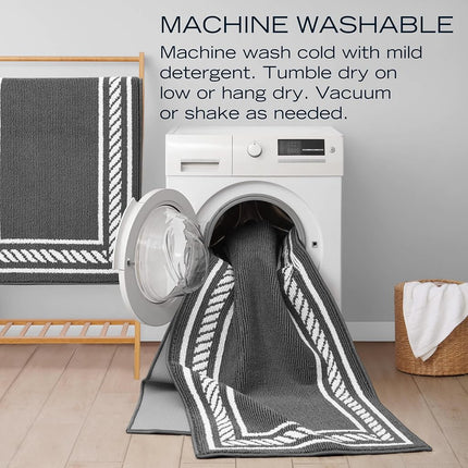 Nautica – Runner Rug | Indoor Runners for Hallways and Entry Rugs| Non-Slip and Non-Skid Entry and Kitchen Door Mat| Machine Washable Entryway Carpet Rugs |2'2" x 6'| Rope Border Dark Grey