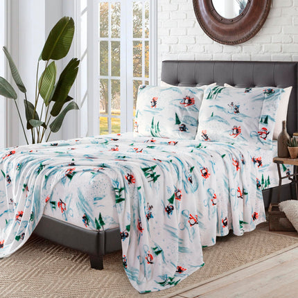 Elegant Comfort Luxuriously Soft 4-Piece Holiday Velvet Plush Flannel Sheet Set - Premium Quality - Cozy Warm, Christmas Fuzzy Velvet Flannel Fleece Deep Pocket Sheet Set - Twin XL, Skiing Penguins