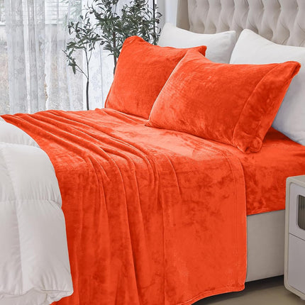 Elegant Comfort Luxuriously Soft 4-Piece Velvet Plush Flannel Sheet Set - Premium Quality - Cozy Warm, Anti-Static, Non Pilling Fuzzy Velvet Flannel Fleece Deep Pocket Sheet Set - Twin XL, Orange