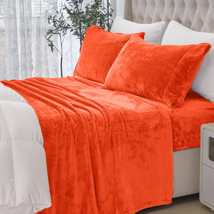 Elegant Comfort Luxuriously Soft 4-Piece Velvet Plush Flannel Sheet Set - Premium Quality - Cozy Warm, Anti-Static, Non Pilling Fuzzy Velvet Flannel Fleece Deep Pocket Sheet Set - Twin XL, Orange