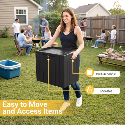 Greesum Coffre de rangement extérieur en résine de 117 L pour meubles de patio, outils de jardin, fournitures de piscine, résistant aux intempéries et aux UV, verrouillable, noir foncé