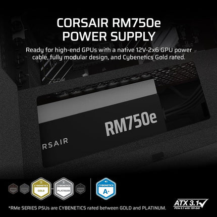 Corsair RM750e (2025) Fully Modular ATX Power Supply with 12V-2x6 Cable, Compatible with ATX 3.1 and PCIe 5.1, Cybenetics Gold, Capacitors @ 105°C, Black