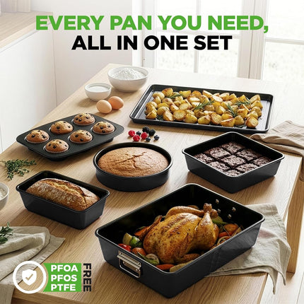 NutriChef 8-Piece Nonstick Stackable Bakeware Set - PFOA, PFOS, PTFE Free Baking Tray Set w/Non-Stick Coating, 450°F Oven Safe, Round Cake, Loaf, Muffin, Wide/Square Pans, Cookie Sheet (Black)