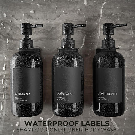 Stylish Shampoo and Conditioner Dispenser Set of 3 for Wall Mount - Modern Drill Free 21oz Shower Soap Bottles with Labels - Easy Refill Body Wash Dispensers for an Instant Bathroom Decor Upgrade