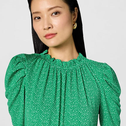 Adrianna Papell Women's Ruffle Neck Short Sleeve Dress Casual, Emerald Scattered Leaf, M