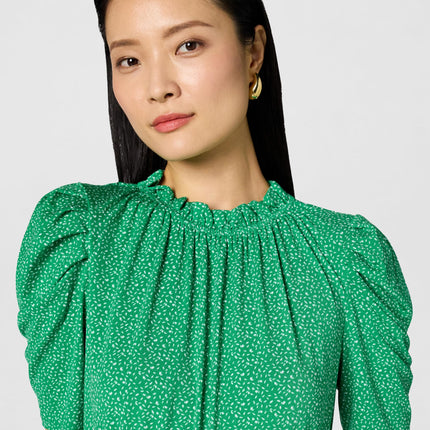 Adrianna Papell Women's Ruffle Neck Short Sleeve Dress Casual, Emerald Scattered Leaf, S