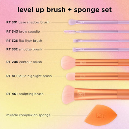 REAL TECHNIQUES Level Up Brush And Sponge Kit, Makeup Brushes For Eyeshadow, Foundation, Blush, & Bronzer, Makeup Blending Sponge, Makeup Tools, Synthetic Bristles, 9 Piece Set, 1 count