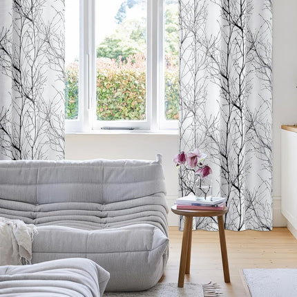 Fmfunctex Linen Semi Sheer Curtains for Bedroom, Black White Curtains 96 Inches Long for Living Room, Grey Tree Branch Patterned Curtain Light Filtering Farmhouse Window Drapes, Grommet Top 2 Panels