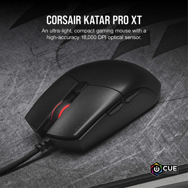Ratón inalámbrico ultraligero Corsair Katar Pro XT para juegos - Sensor óptico PixArt de 18k DPI - Iluminación RGB en la rueda de desplazamiento - 6 botones programables - Cable de paracord ligero, Negro