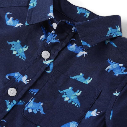 The Children's Place Baby Boys Poplin Short Sleeve Button Down Shirt, Navy Dino, 9-12 Months