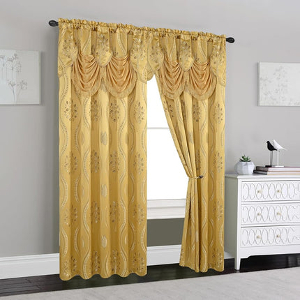 Elegant Comfort Luxurious Aurora Jacquard Look Curtain Panel Set with Attached Valance 54" X 95 inch (Set of 2), Gold