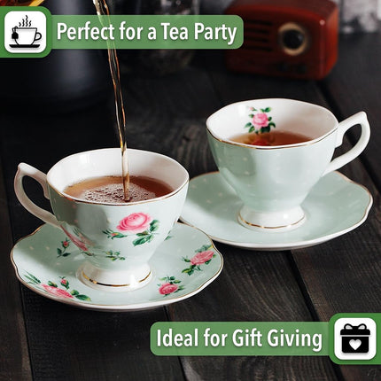 BTäT- Floral Tea Cups and Saucers, Set of 2 (Green - 8 oz) with Gold Trim and Gift Box, Coffee Cups, Floral Tea Cup Set, British Tea Cups, Porcelain Tea Set, Tea Sets for Women, Latte Cups